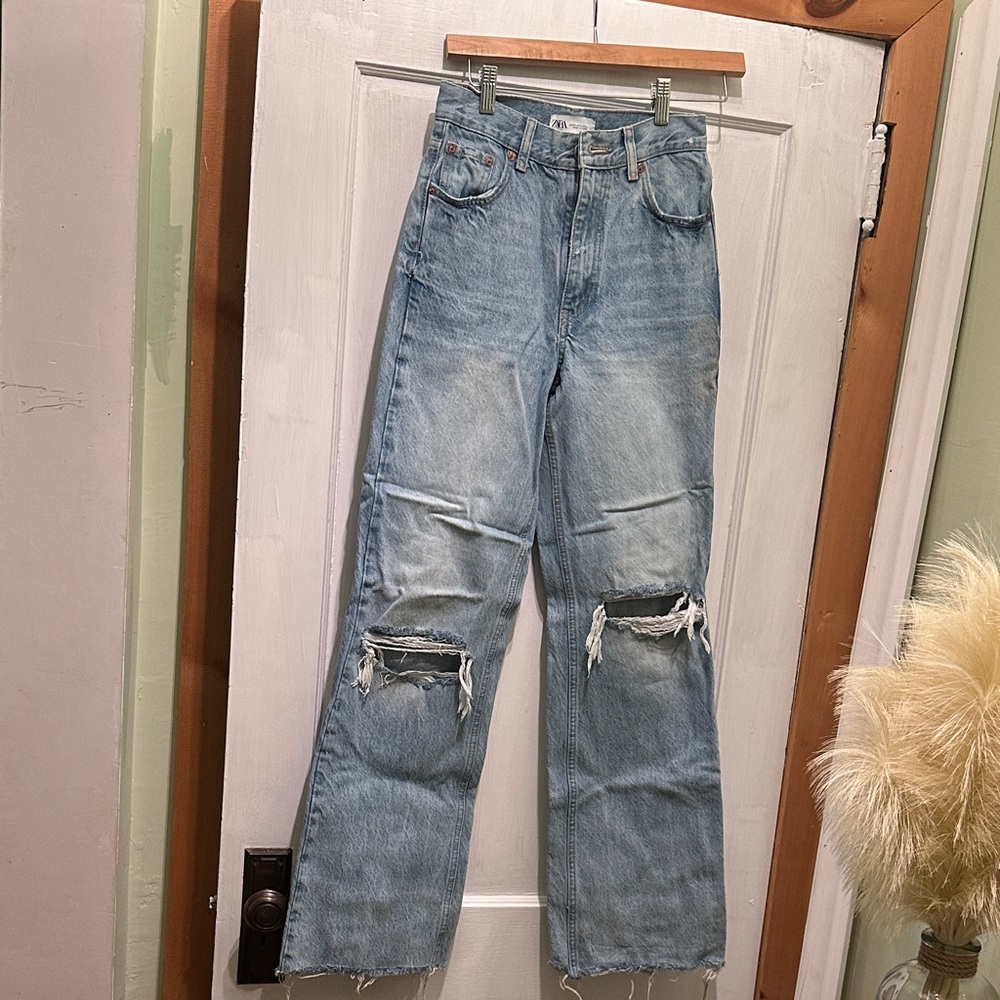 Zara Light Blue Distressed Straight Leg Jeans